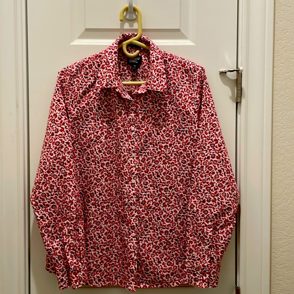 Sz 10 women's cotton blouse in pink/black on white. No iron. Lands end.